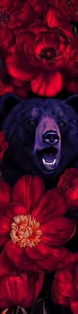 Free bear bookmarks for adults featuring a black bear hiding in red flowers